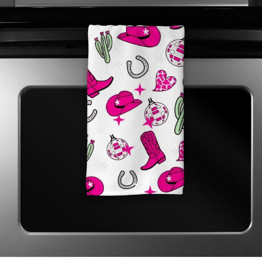Western Pink Cowboy Hat and Boots Microfiber Kitchen Towel